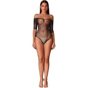 FRENZCOY Women's One Size Black Lingerie Fishnet Bodysuit Sparkle Rhines